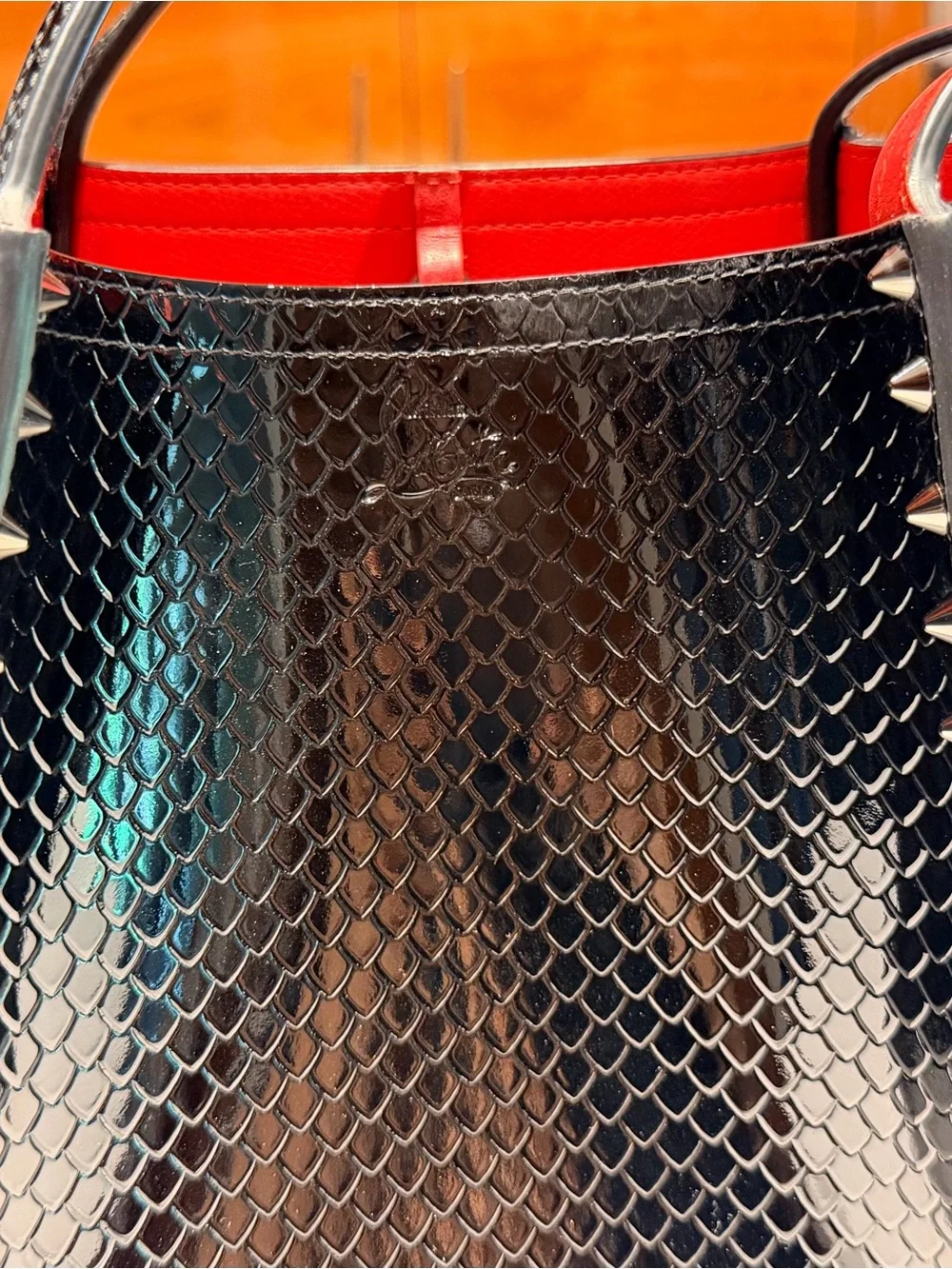 Christian Louboutin Black Embossed Patent Leather Tote Bag Authentic